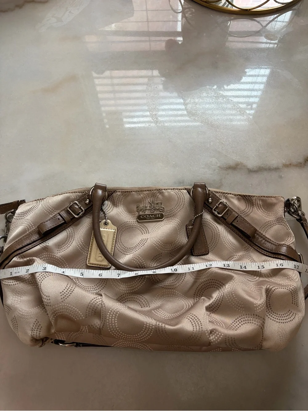 Coach Beige Signature Quilted Satchel with Brown Leather Trim